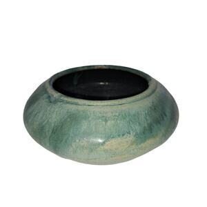 LDDK Signed NC stamped Red Clay Glazed Sea Green Teal pottery 2" Tall